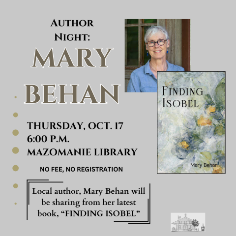 Local author, Mary Behan will be at the Mazomanie Free Library Thursday, October 17 at 6:00 pm