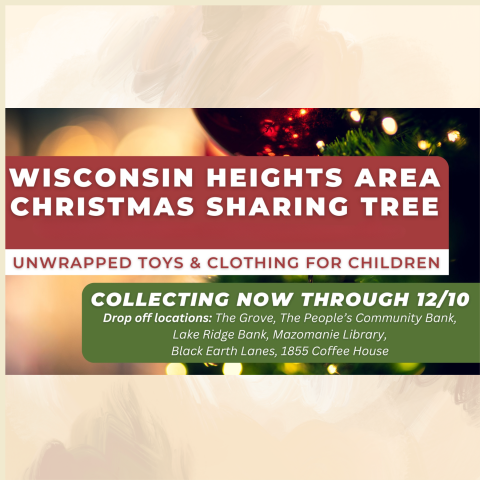 Wisconsin Heights Sharing Tree drop off unwrapped gifts for new-born thru age 18 at Mazomanie Free Library